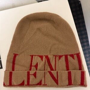 Valentino Logo Beige and Red Wool Beanie